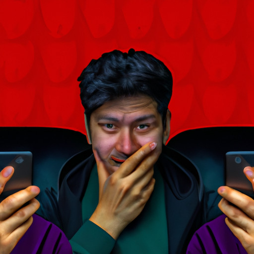 An image depicting a person surrounded by multiple screens, anxiously typing on their phone while their face shows signs of stress