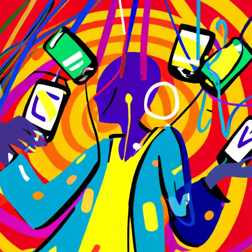 An image depicting a person juggling three smartphones, each emitting a colorful stream of frantic messages, symbolizing the chaos and overwhelming nature of triple texting