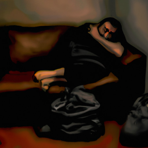 An image depicting a worn-out individual, slouched on a couch in dimly lit room