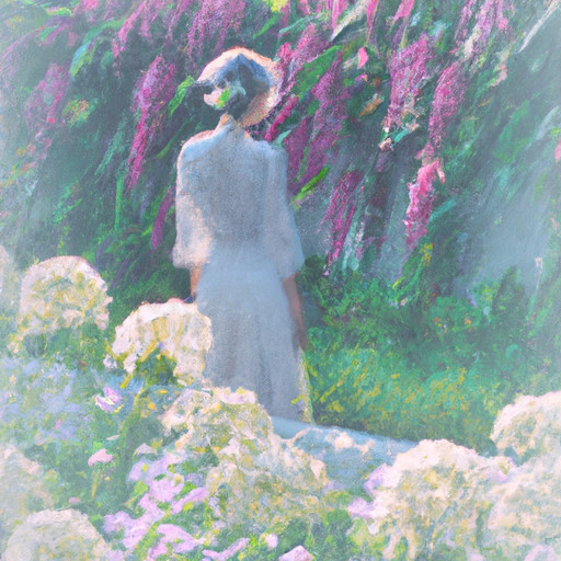 An image that portrays a solitary figure, bathed in soft morning light, standing in a serene garden