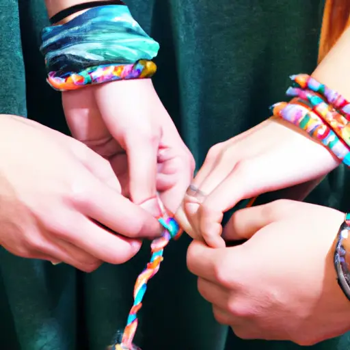 An image featuring a loving couple's intertwined hands, delicately crafting a homemade bracelet together