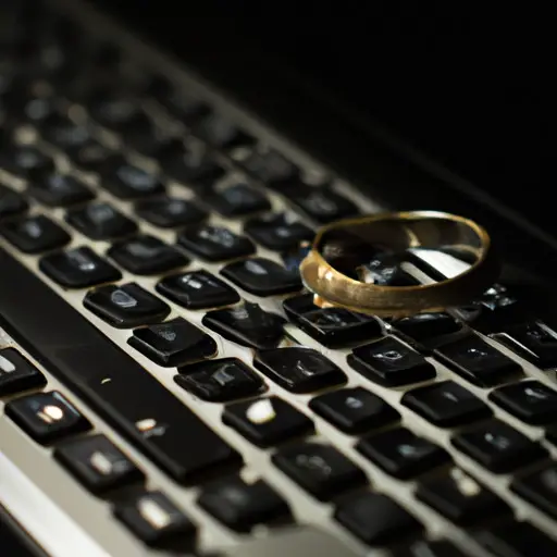 An image showcasing the dark side of modern relationships: a shattered wedding ring lying on a keyboard, symbolizing the clandestine world of infidelity websites and the erosion of trust in marriages