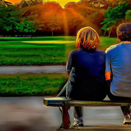 An image showcasing a couple sitting on opposite ends of a park bench, their body language distant yet longing, as the setting sun casts a soft, melancholic glow, reflecting their shared grief and the need for understanding and support