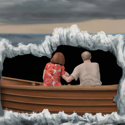 An image capturing an old and young couple facing a stormy sea in a small boat, symbolizing the challenges they overcome together