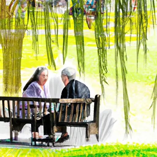 An image of a serene park bench beneath a sprawling willow tree, where an elderly couple holds hands, their weathered faces reflecting a lifetime of love, while a young couple shares laughter in the background