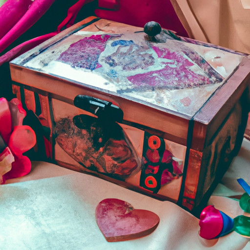 An image that portrays a beautifully crafted wooden jewelry box, adorned with delicate engravings and a heart-shaped lock, displaying cherished tokens of love, such as handwritten love letters and a dried flower bouquet