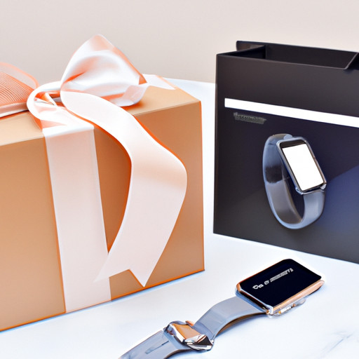 An image showcasing a beautifully wrapped box, revealing a sleek, high-quality smartphone, a stylish smartwatch, and a chic leather tote bag, symbolizing practical yet thoughtful one-year dating anniversary gifts for her