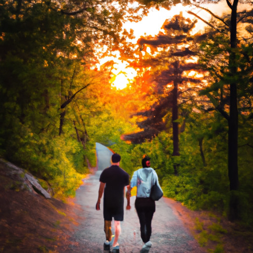 An image showcasing a couple hiking through a breathtaking forest trail, hand in hand, as the sun sets behind them
