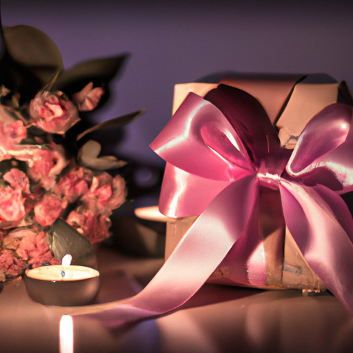 An image of a beautifully wrapped gift box with a delicate pink ribbon, adorned with a bouquet of roses in the background