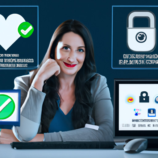 An image featuring a confident married woman sitting at a computer, surrounded by a shield of digital security measures like encrypted messages, firewalls, and identity verification tools, showcasing the essential tips for safe online dating