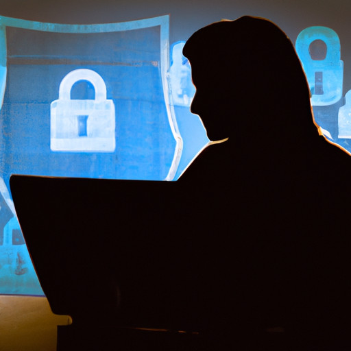 An image depicting a silhouette of a married woman, sitting at a dimly lit desk, laptop screen casting a soft glow on her face, surrounded by a virtual shield of encryption symbols and closed padlocks