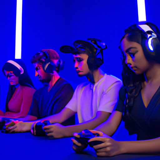 An image featuring a diverse group of gamers, immersed in their virtual worlds, communicating through headsets and displaying intense concentration