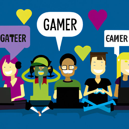 An image showcasing a diverse group of gamers, united by their love for online gaming, chatting and laughing together, forming connections and finding love on an online dating site specifically designed for gamers
