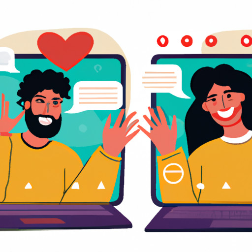 An image depicting two people engaged in an animated online conversation, displaying genuine smiles, maintaining eye contact through the screen, and effortlessly exchanging thoughts, showcasing the art of navigating small talk and keeping conversations flowing for introverts in online dating