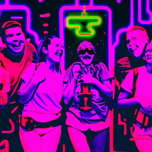 An image showcasing four friends, laughing and competing in a thrilling game of laser tag