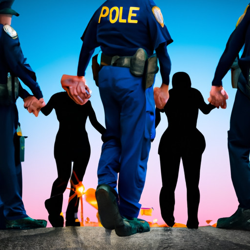 An image featuring a police officer couple holding hands, surrounded by a supportive community, symbolizing their resilience