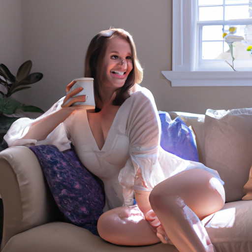 An image featuring a confident woman in a cozy, sunlit room, holding a cup of coffee, with a mischievous smile