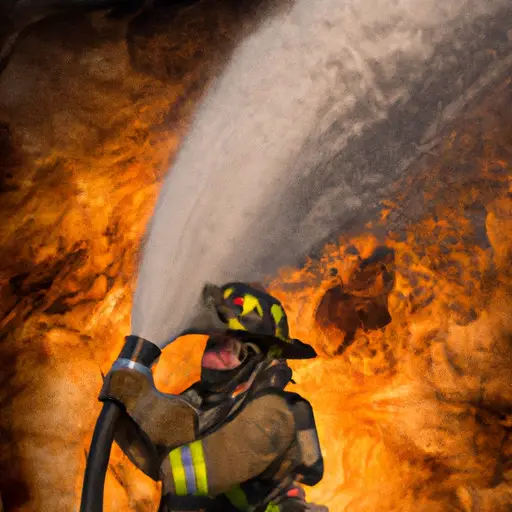 An image capturing the intensity of a firefighter battling towering flames amidst thick smoke, showcasing the immense physical and mental challenges they face, juxtaposed against the heroic nature of their life-saving mission