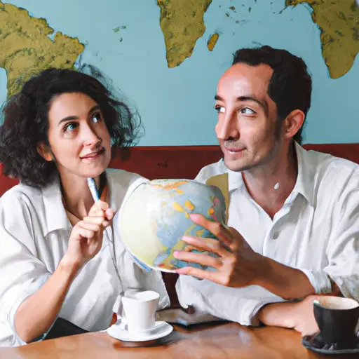 An image of two people sitting in a cozy coffee shop, one showing excitement while holding a world map, the other expressing curiosity while holding a notepad with a pen, ready to discuss future plans and goals