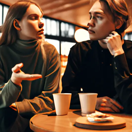 An image of two people sitting across from each other in a cozy café, engrossed in conversation