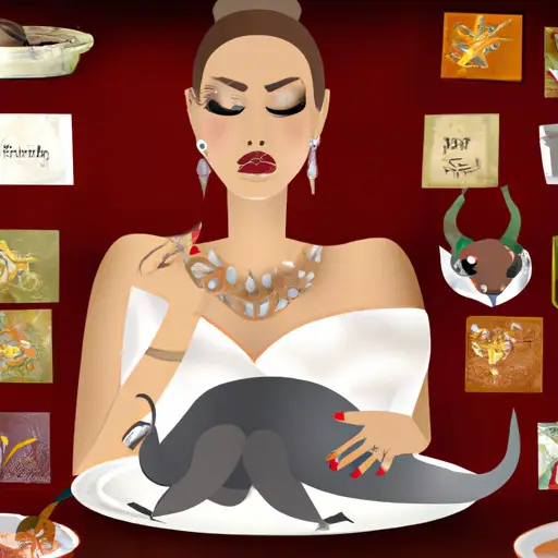 An image featuring a Taurus woman surrounded by her favorite things, like luxurious fabrics, fine jewelry, and delicious food, while her facial expression reveals her clear likes and dislikes