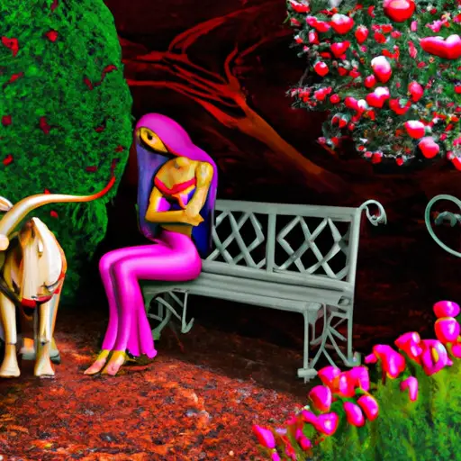 An image featuring a serene garden adorned with vibrant flowers, where a Taurus woman sits on a bench, her warm gaze fixed on a potential partner, inviting questions about her ideal love and relationship preferences