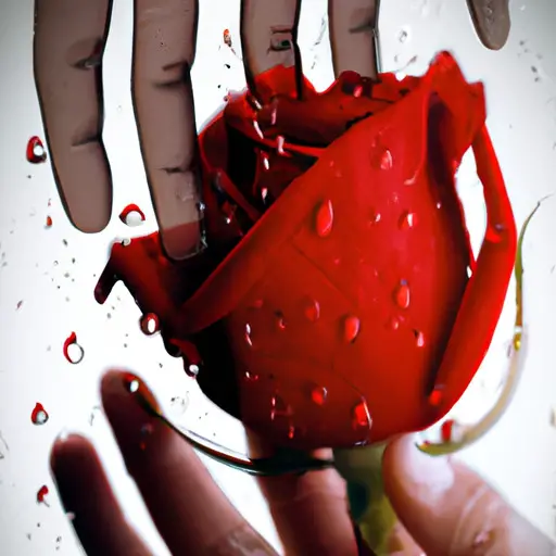 An image depicting a vibrant red rose with delicate droplets of water clinging to its petals, juxtaposed against a fading silhouette of two intertwined hands, symbolizing the bittersweet reality of love's embrace and inevitable loss
