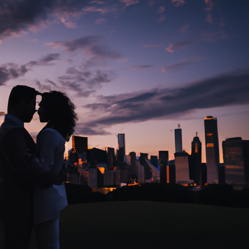  a passionate embrace as the couple stands against the backdrop of a majestic city skyline at dusk