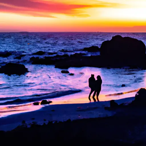 An image showcasing a couple standing on a secluded beach at sunset, their silhouettes perfectly framed against the vibrant orange and pink hues of the sky, providing an ideal location for capturing romantic shots