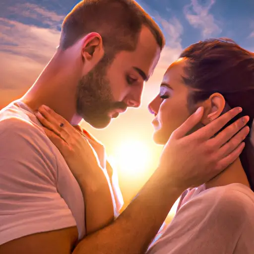 An image showcasing a couple embracing under a soft, golden sunset