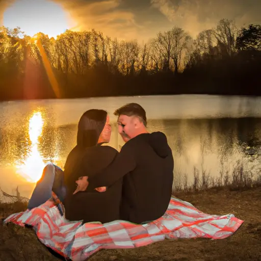 An image capturing a couple sitting on a picnic blanket by a serene lake, with their arms lovingly wrapped around each other