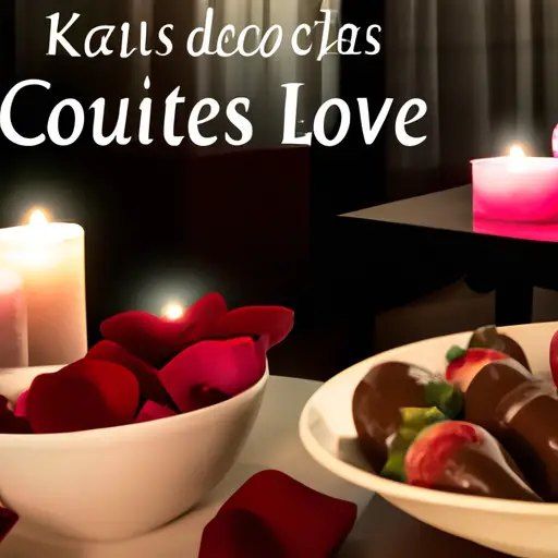 An image featuring a softly lit room adorned with flickering candles, rose petals scattered on a table set for two, and a heart-shaped bowl filled with decadent chocolate-covered strawberries, inviting readers to discover the perfect DIY romantic date night
