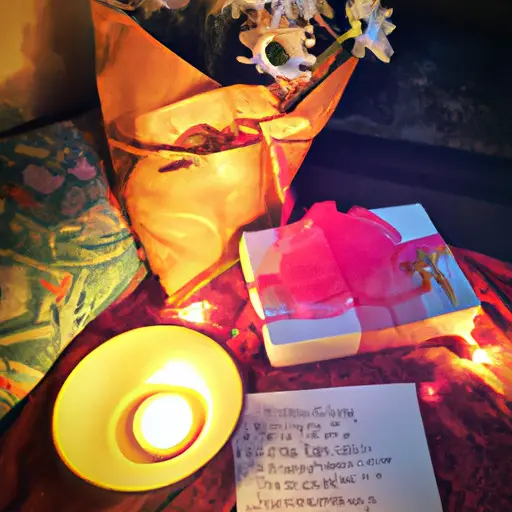 the essence of romance in an image: Soft candlelight fills a cozy room adorned with handcrafted love notes, a bouquet of wildflowers, and a beautifully wrapped gift, waiting to be exchanged between two lovers