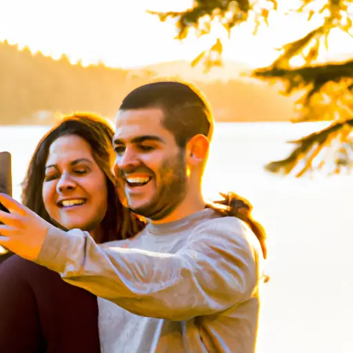An image capturing a couple in a picturesque setting, bathed in golden sunlight