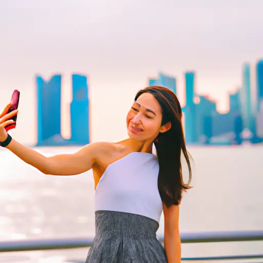 An image capturing the essence of the selfie girlfriend phenomenon: a confident young woman with impeccable style, elegantly posing in front of a vibrant cityscape, capturing the perfect moment of self-expression and empowerment