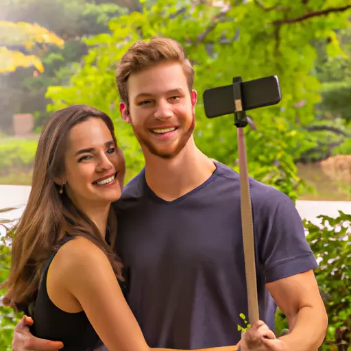 An image showcasing a beaming couple in a picturesque park, the girlfriend playfully holding a selfie stick, capturing a tender moment as they laugh together, their love radiating through their joyful expressions