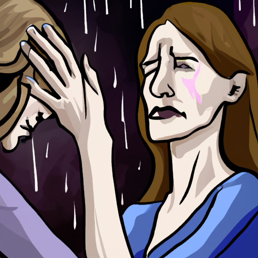 An image depicting a heartbroken woman, tears streaming down her face, her outstretched hand reaching desperately towards her sister, who stands coldly with crossed arms, oblivious to her plea for help
