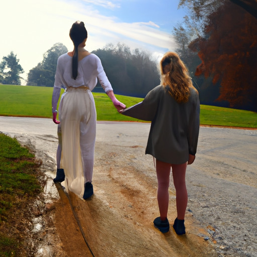  Depict an image of two sisters standing at a crossroad, one extending a helping hand while the other coldly turns away