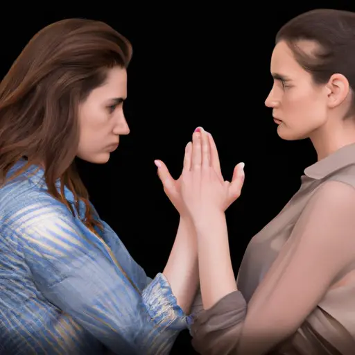 An image that depicts a woman standing tall, arms crossed, with a stern expression, as her sister reaches out for assistance, their hands almost touching, but the woman remains unyielding