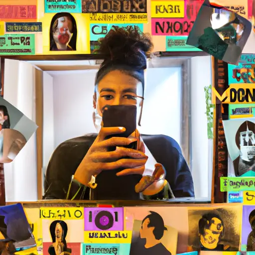 An image portraying a person surrounded by a collage of highly edited, perfect selfies, contrasting with their reflection in a mirror showing their genuine emotions, symbolizing the impact of Instagram on mental health