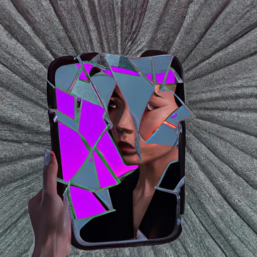 An image capturing a person staring at their reflection in a broken mirror, with shattered fragments revealing an Instagram logo, symbolizing the detrimental impact of social comparison on self-esteem