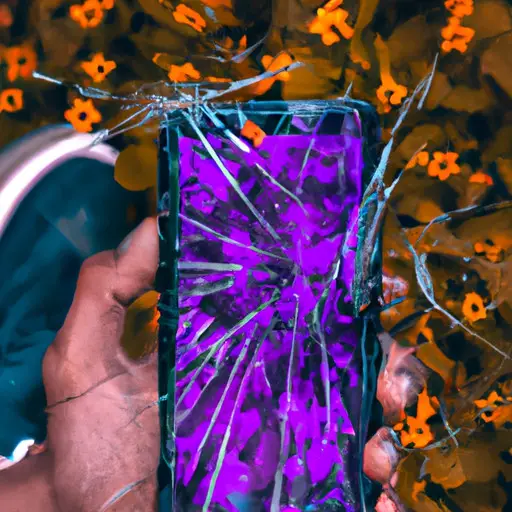 An image showcasing a person holding a phone with a shattered screen, surrounded by vibrant flowers growing out of its cracks, symbolizing the emotional impact of keeping ex's pictures on one's phone