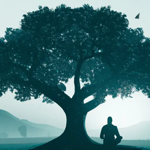 An image capturing a serene morning scene of a lone figure meditating under a majestic tree, surrounded by untouched nature, symbolizing the peaceful and independent routine of a Sigma Male