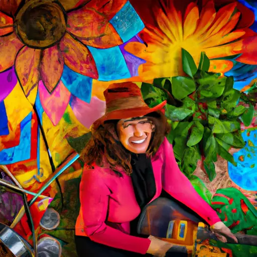 An image showcasing a woman in her 40s, immersed in vibrant colors, surrounded by canvases, musical instruments, and gardening tools