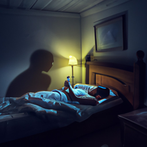 An image featuring a dimly lit bedroom with a person sleeping peacefully, illuminated by a soft moonlight casting eerie shadows