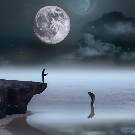 An image capturing a moonlit ocean scene, where a solitary figure stands on a cliff, gazing at their reflection in the water