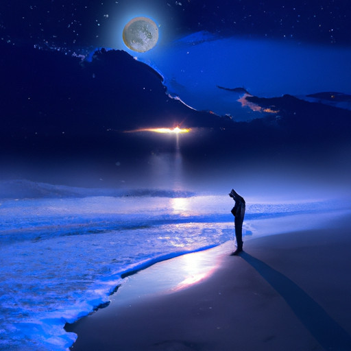 An image depicting a serene night sky where a lone figure stands on the edge of a dreamy shoreline