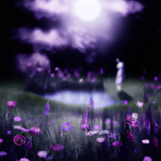 An image that captures the ethereal essence of a moonlit garden, where a solitary figure gazes at their reflection in a tranquil pond, while a faint silhouette of their ex embraces another amidst a field of vibrant flowers