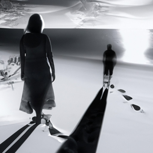 An image showcasing a woman standing alone on a desolate beach, gazing at a distant figure of her husband walking hand in hand with a shadowy, enigmatic woman