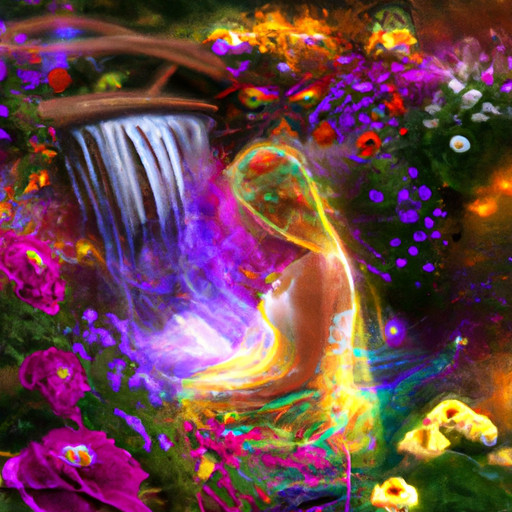 An image of a woman sitting in a serene garden, surrounded by vibrant flowers and a flowing stream